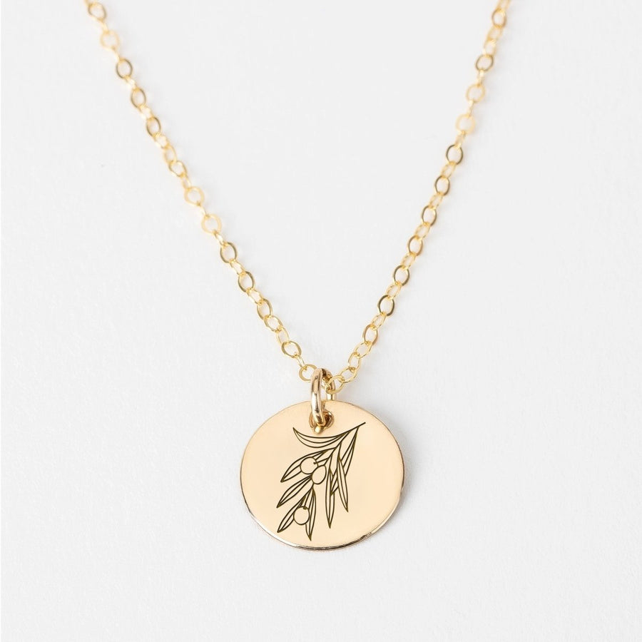 Olive Branch Disc Necklace - Melanie Golden Jewelry - _badge_new, bridal party, disc necklaces, flora, floral, necklace, new, pendant necklace, wedding