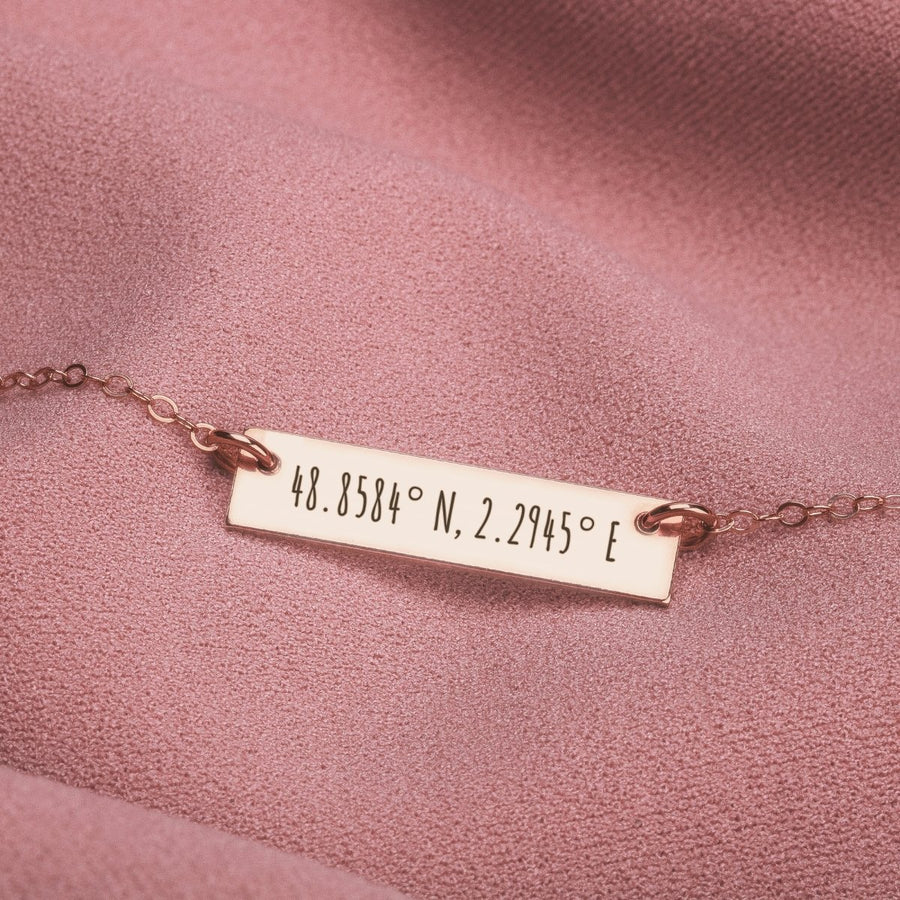 Personalized Coordinates Bar Necklace - Melanie Golden Jewelry - bar necklaces, bestseller, bridesmaid, Engraved Jewelry, love, motherhood, necklace, personalized, personalized necklace, VALENTINES, wedding, wedding party