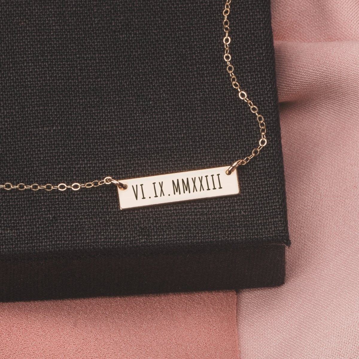 Personalized Roman Numerals Bar Necklace - Melanie Golden Jewelry - bar necklaces, bridesmaid, Engraved Jewelry, motherhood, necklace, personalized, personalized necklace, personalized1, VALENTINES, wedding, wedding party