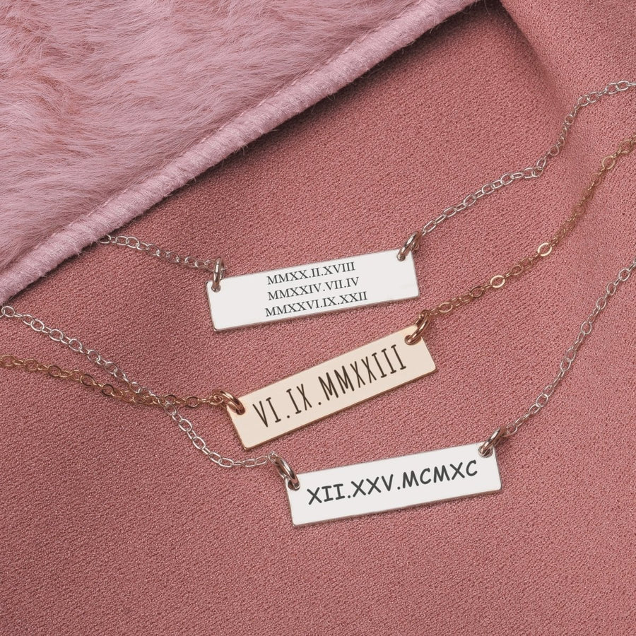 Personalized Roman Numerals Bar Necklace - Melanie Golden Jewelry - bar necklaces, bridesmaid, Engraved Jewelry, motherhood, necklace, personalized, personalized necklace, personalized1, VALENTINES, wedding, wedding party