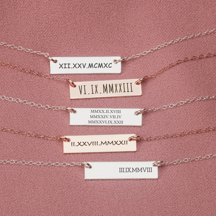 Personalized Roman Numerals Bar Necklace - Melanie Golden Jewelry - bar necklaces, bridesmaid, Engraved Jewelry, motherhood, necklace, personalized, personalized necklace, personalized1, VALENTINES, wedding, wedding party