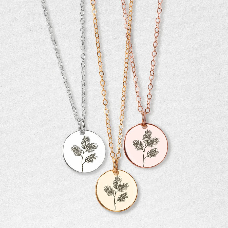 Pine Branch Disc Necklace - Melanie Golden Jewelry - disc necklaces, Engraved Jewelry, flora, minimal minimal necklace, minimal necklace, necklace, necklaces, symbolic
