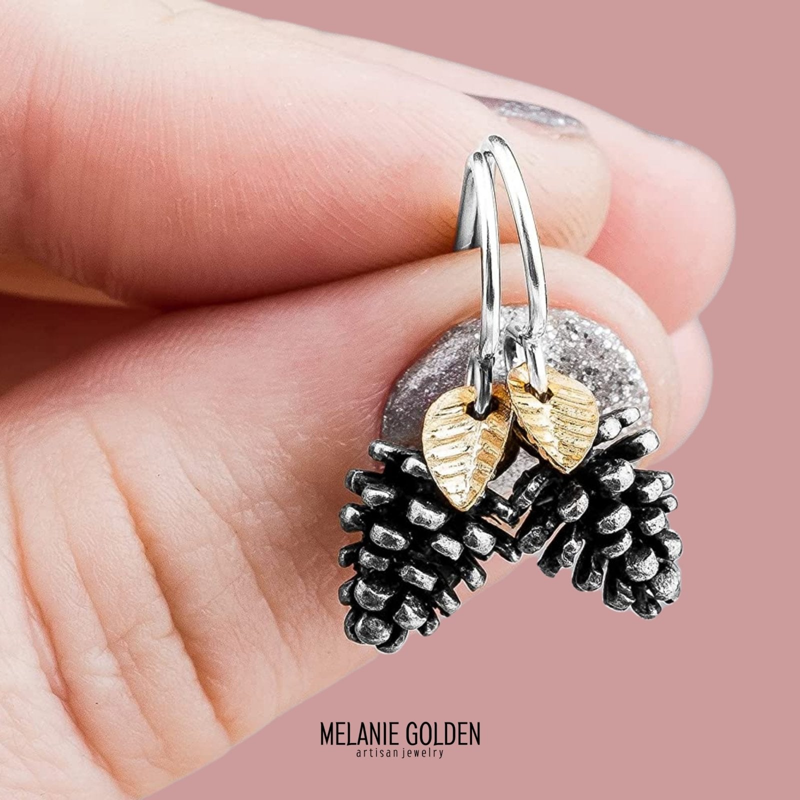 Pinecone Earrings With Leaves - Melanie Golden Jewelry - christmas, christmas jewelry, dangle earrings, drop earrings, earrings, halloween, halloween jewelry, thanksgiving, thanksgiving jewelry