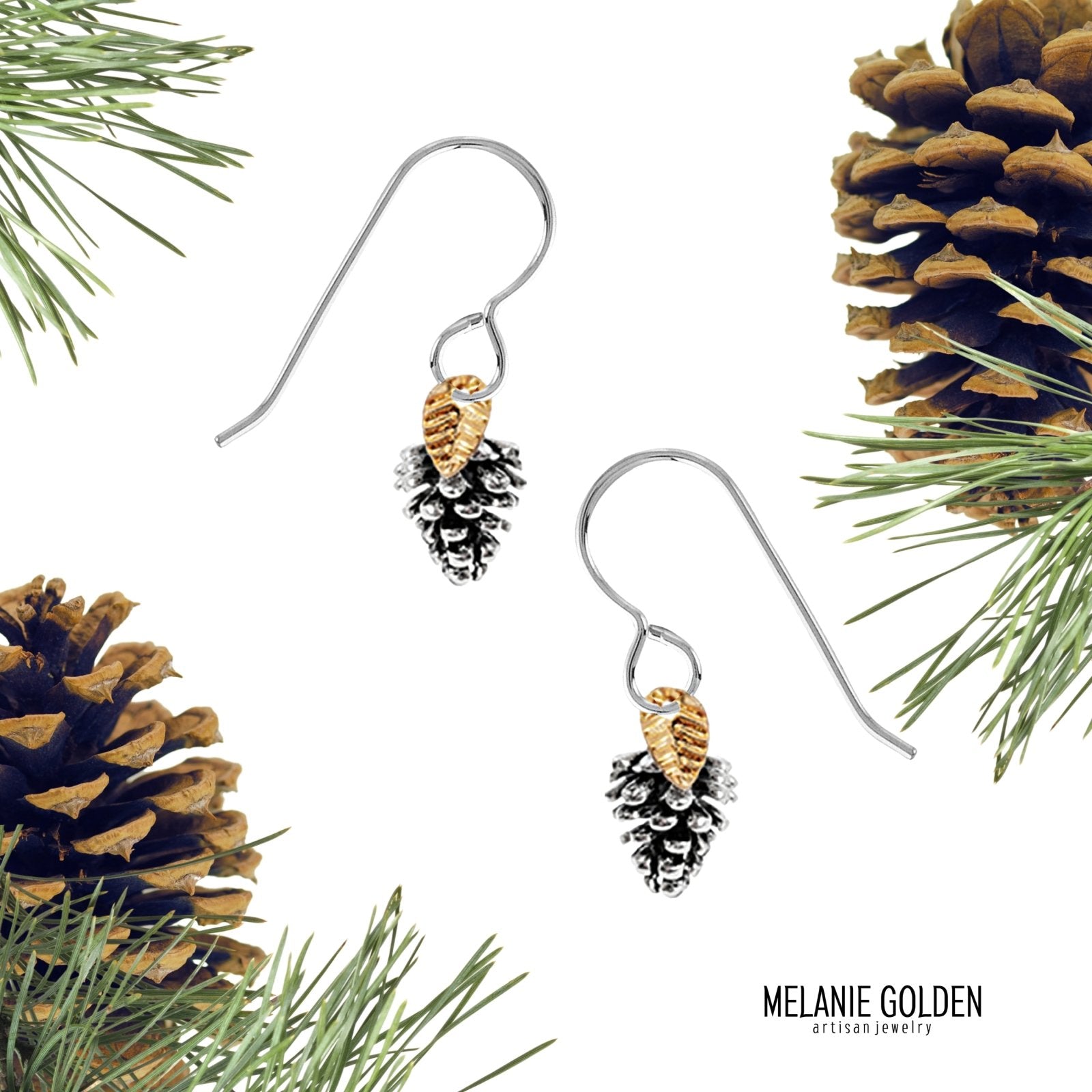 Pinecone Earrings With Leaves - Melanie Golden Jewelry - christmas, christmas jewelry, dangle earrings, drop earrings, earrings, halloween, halloween jewelry, thanksgiving, thanksgiving jewelry