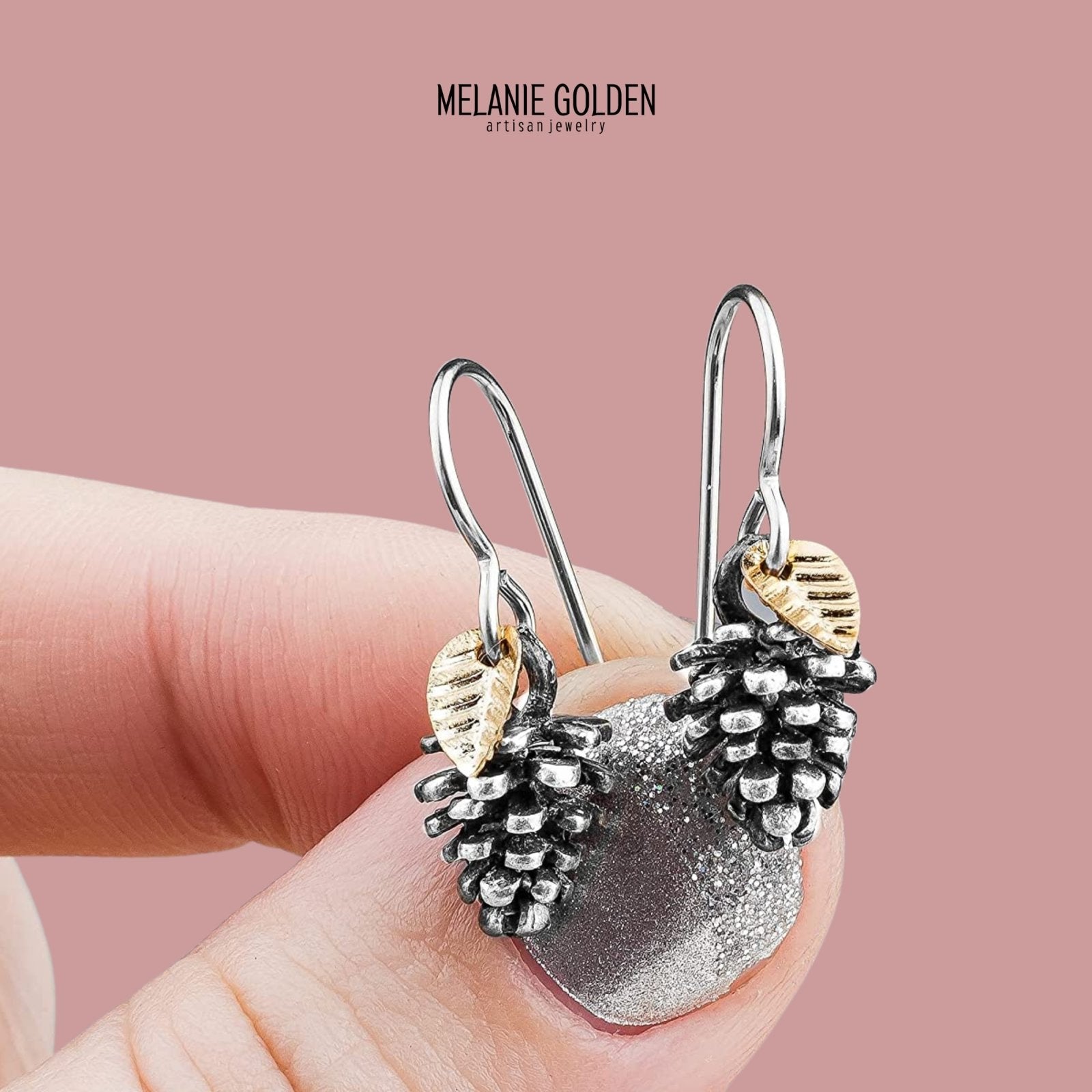 Pinecone Earrings With Leaves - Melanie Golden Jewelry - christmas, christmas jewelry, dangle earrings, drop earrings, earrings, halloween, halloween jewelry, thanksgiving, thanksgiving jewelry