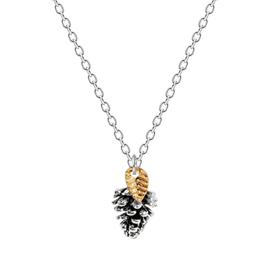 Pinecone Necklace With Leaf - Melanie Golden Jewelry - christmas, christmas jewelry, halloween, halloween jewelry, necklace, necklaces, pendant necklaces, thanksgiving, thanksgiving jewelry