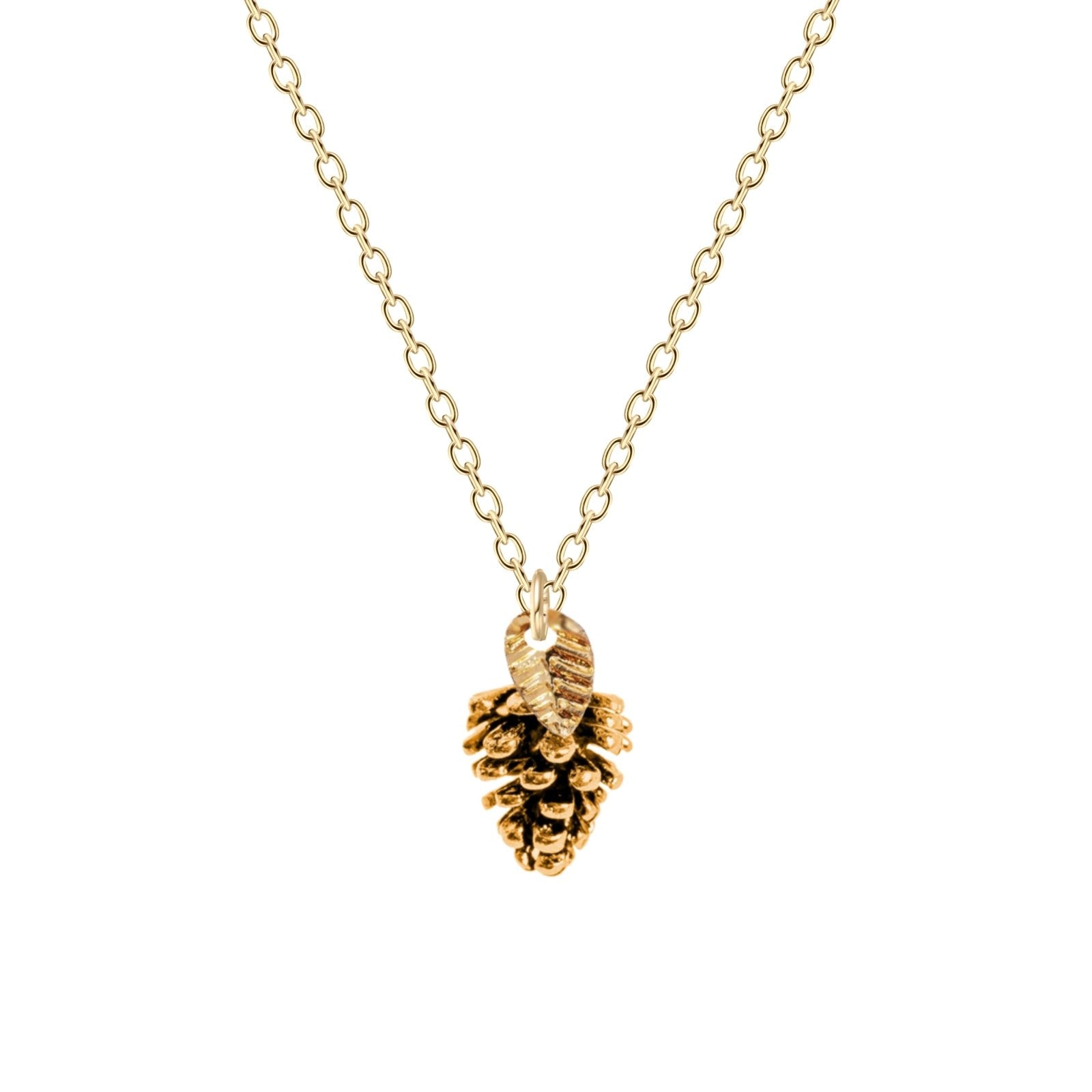Pinecone Necklace With Leaf - Melanie Golden Jewelry - christmas, christmas jewelry, halloween, halloween jewelry, necklace, necklaces, pendant necklaces, thanksgiving, thanksgiving jewelry