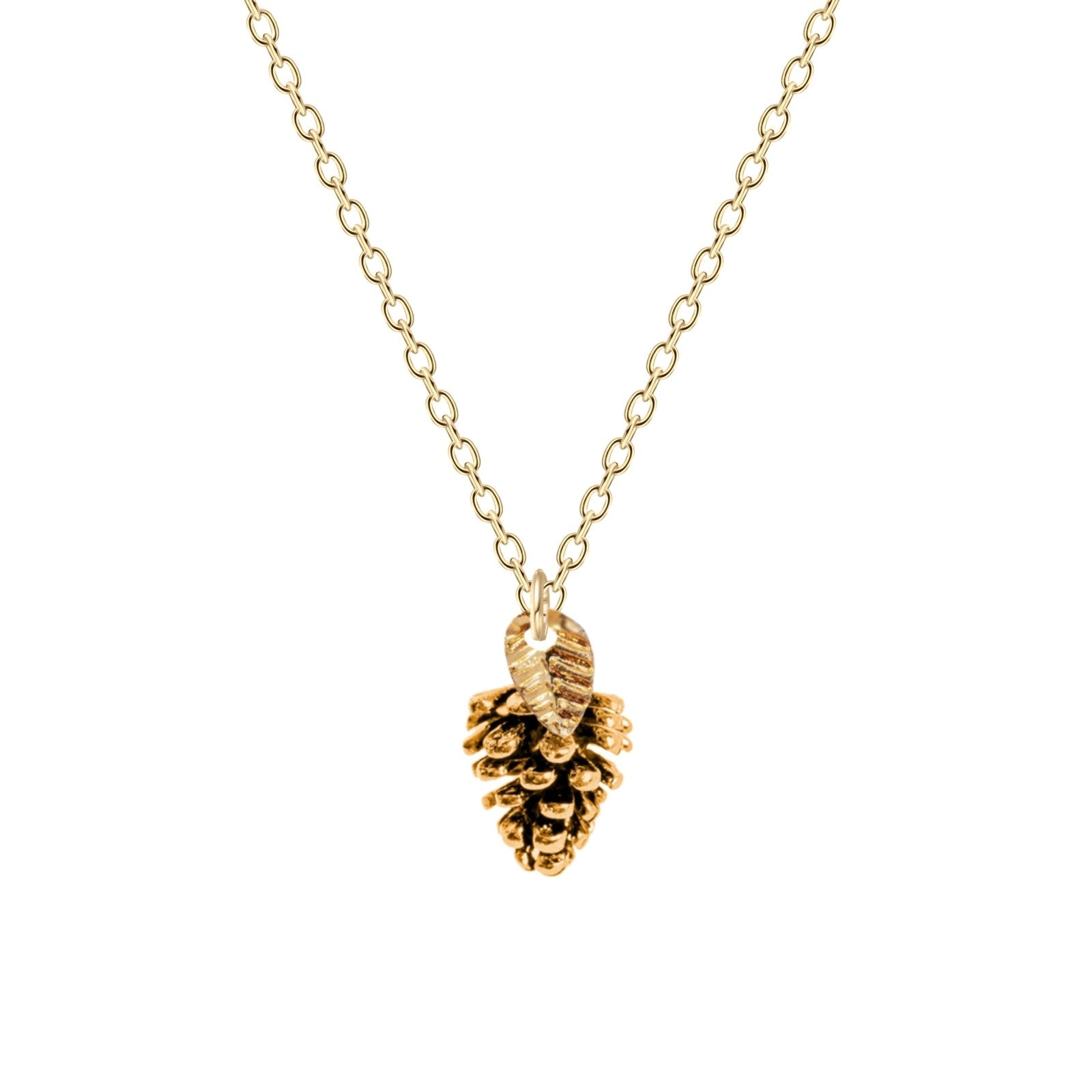 Pinecone Necklace With Leaf - Melanie Golden Jewelry - christmas, christmas jewelry, halloween, halloween jewelry, necklace, necklaces, pendant necklaces, thanksgiving, thanksgiving jewelry