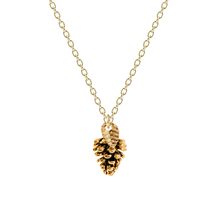 Pinecone Necklace With Leaf - Melanie Golden Jewelry - christmas, christmas jewelry, halloween, halloween jewelry, necklace, necklaces, pendant necklaces, thanksgiving, thanksgiving jewelry