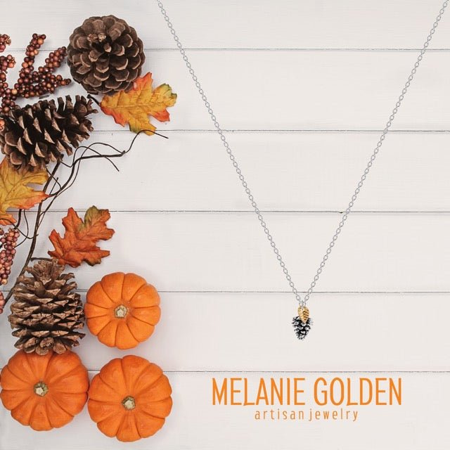 Pinecone Necklace With Leaf - Melanie Golden Jewelry - christmas, christmas jewelry, halloween, halloween jewelry, necklace, necklaces, pendant necklaces, thanksgiving, thanksgiving jewelry