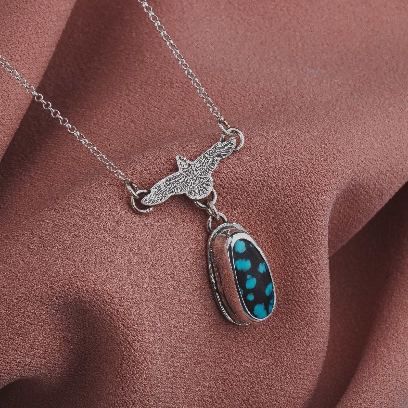 Raven Necklace With Cloud Mountain Turquoise - Melanie Golden Jewelry - fauna, gemstone necklace, necklace, necklaces, symbolic