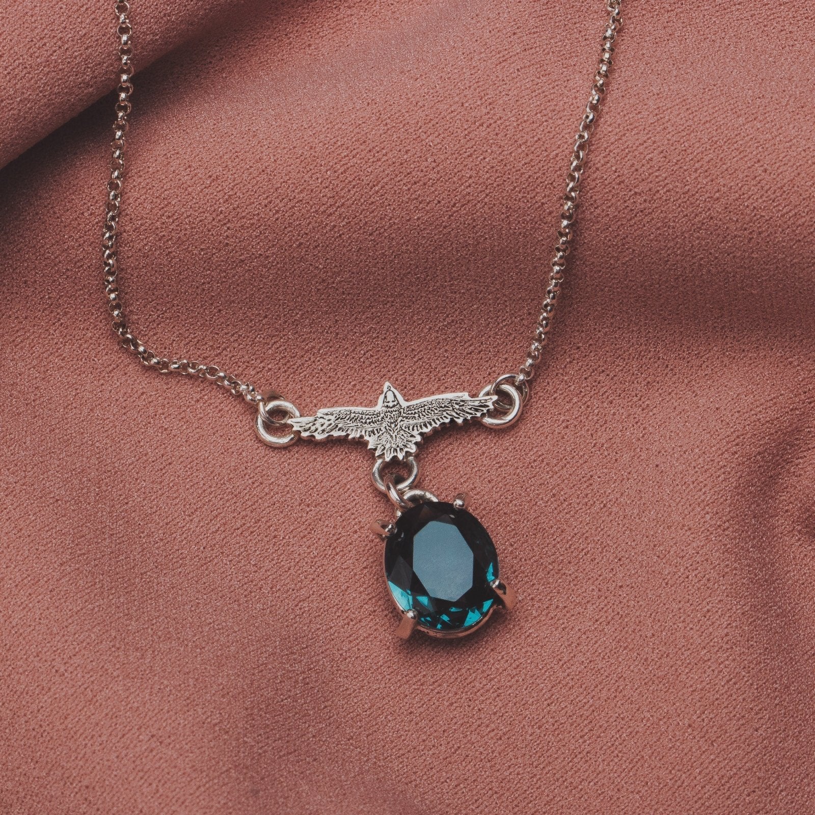 Raven Necklace With Teal Blue Topaz - Melanie Golden Jewelry - fauna, gemstone necklace, necklace, necklaces, symbolic, The River Valley Collection