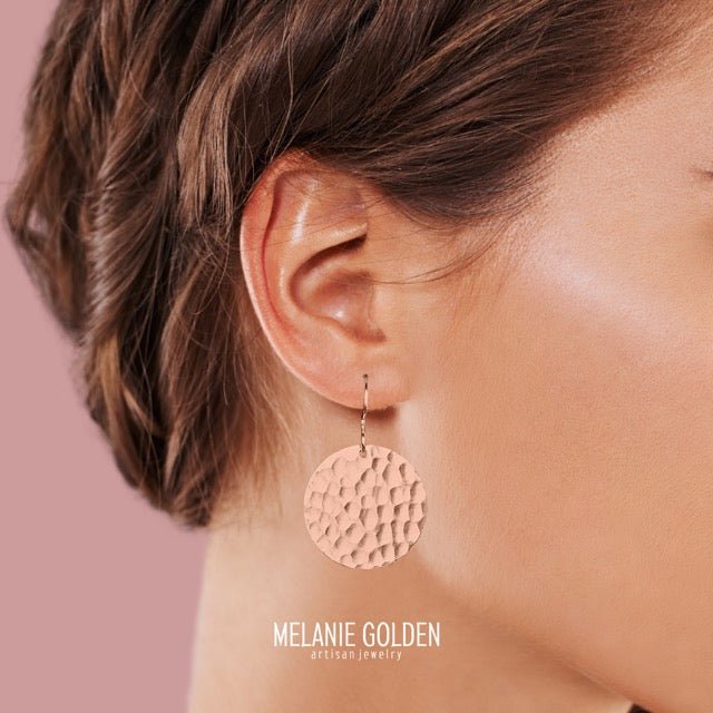 Rose Gold Hammered Disc Dangle Earrings - Melanie Golden Jewelry - dangle earrings, earrings, everyday essentials