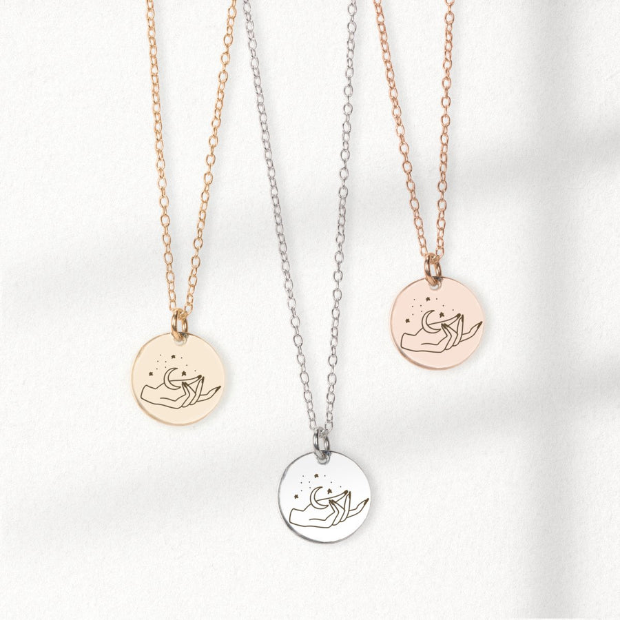 She Holds The Moon Disc Necklace - Melanie Golden Jewelry - disc necklaces, Engraved Jewelry, minimal minimal necklace, minimal necklace, mystic, necklace, necklaces