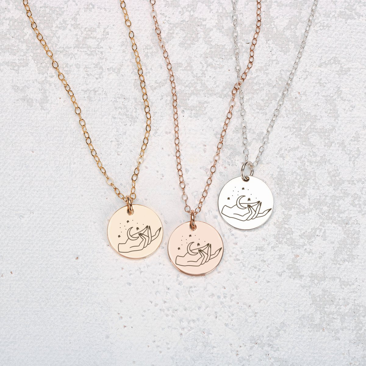 She Holds The Moon Disc Necklace - Melanie Golden Jewelry - disc necklaces, Engraved Jewelry, minimal minimal necklace, minimal necklace, mystic, necklace, necklaces