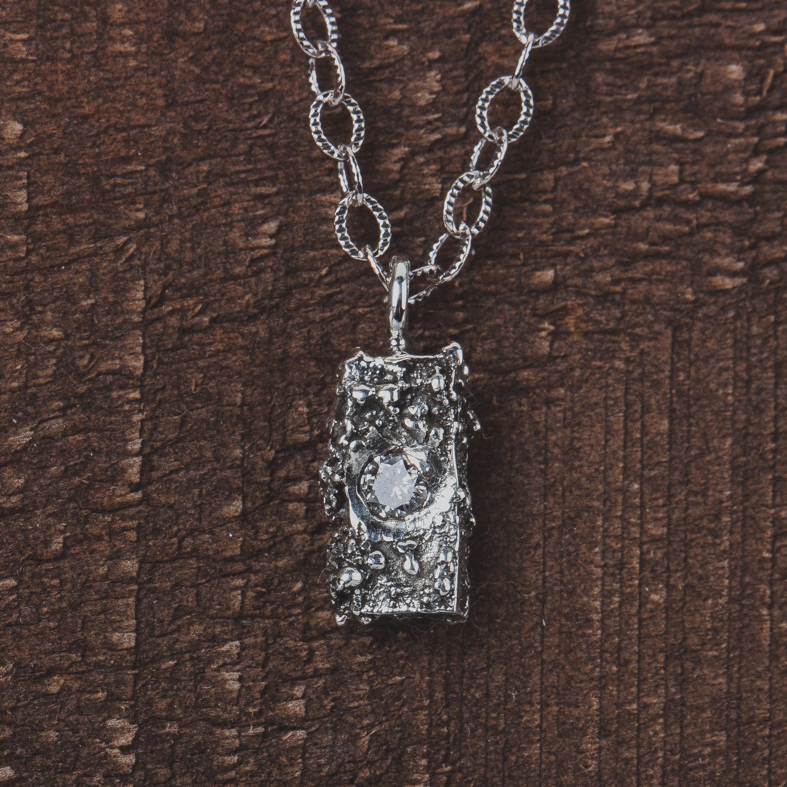Silvermist Diamond Rugged Textured Brick Necklace - Melanie Golden Jewelry - christmas, CHRISTMAS JEWELRY, diamond necklaces, for the bride, love, minimal minimal necklace, minimal necklace, necklace, necklaces, VALENTINES, wedding