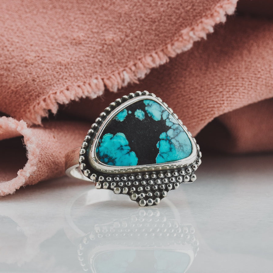 Size 7.25 Black & Blue Cloud Mountain Turquoise Gemstone Ring - Melanie Golden Jewelry