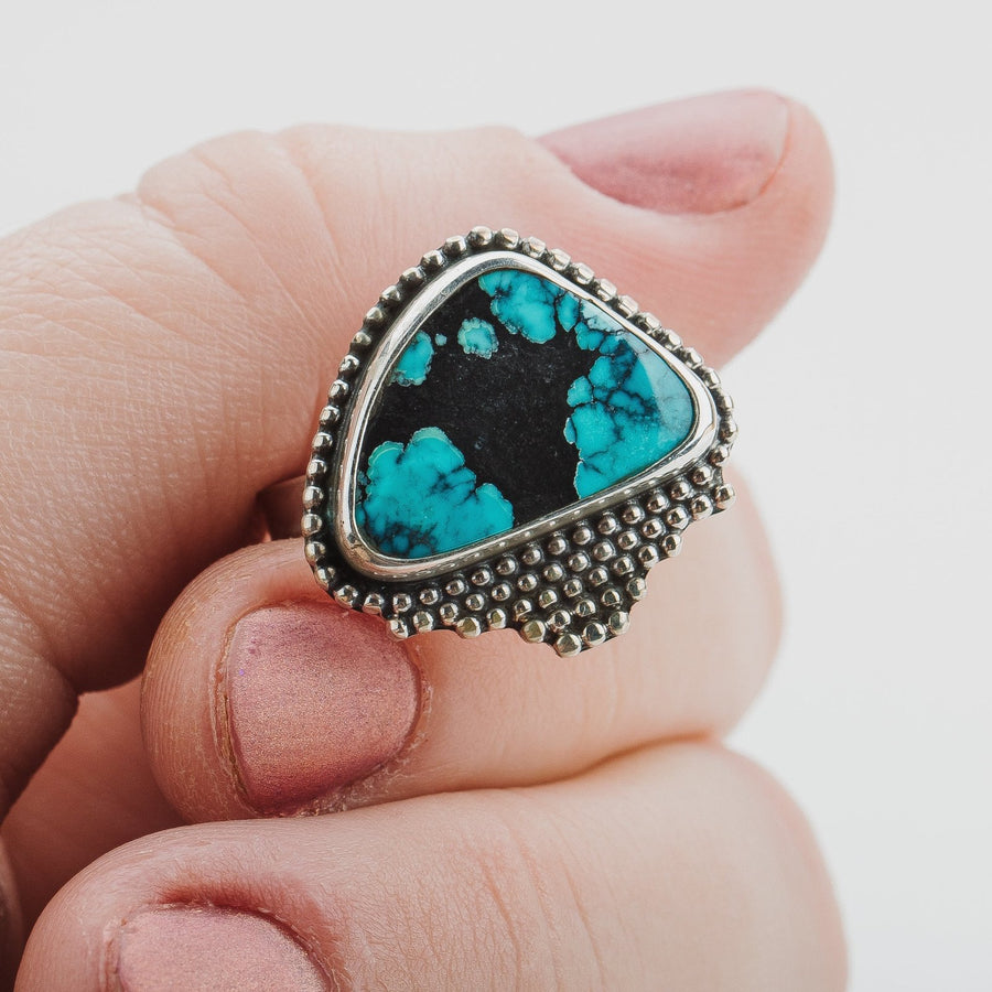 Size 7.25 Black & Blue Cloud Mountain Turquoise Gemstone Ring - Melanie Golden Jewelry