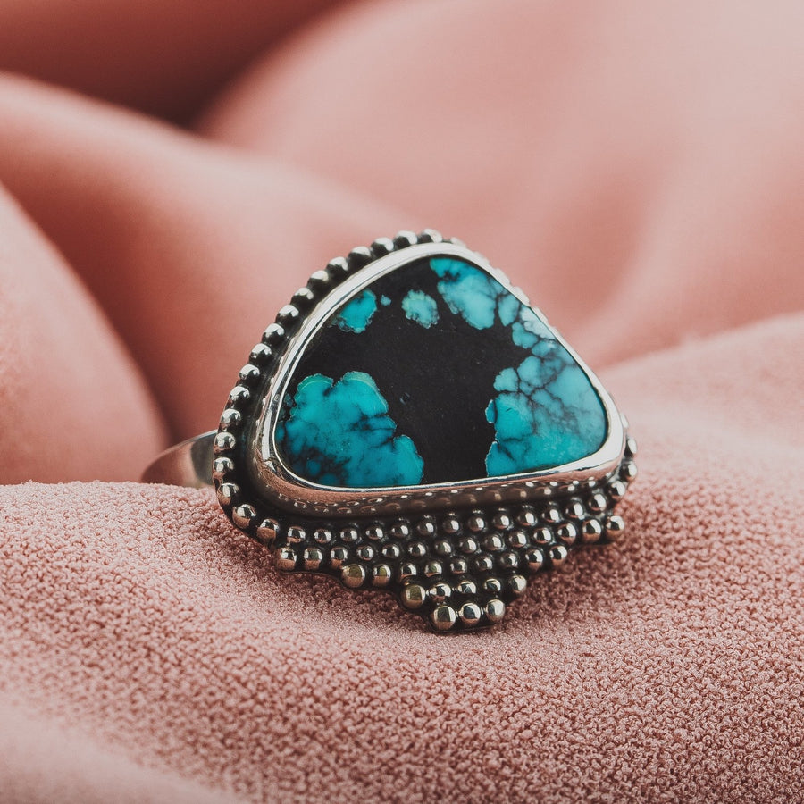 Size 7.25 Black & Blue Cloud Mountain Turquoise Gemstone Ring - Melanie Golden Jewelry