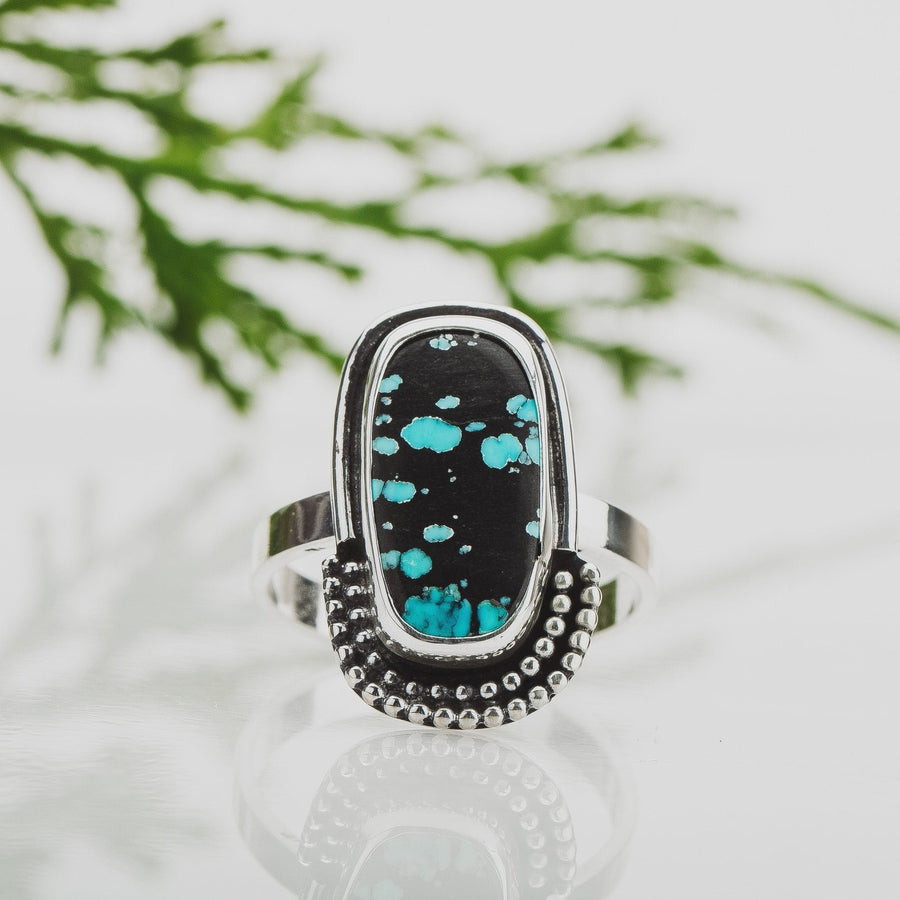 Men's Spiderweb Turquoise Ring with Black Onyx Accents | HilemanInlayJewelry