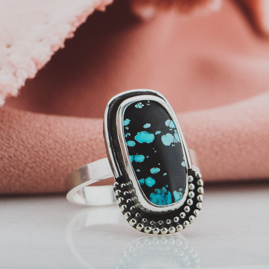 Size 9.25 Black & Blue Cloud Mountain Turquoise Gemstone Ring - Melanie Golden Jewelry