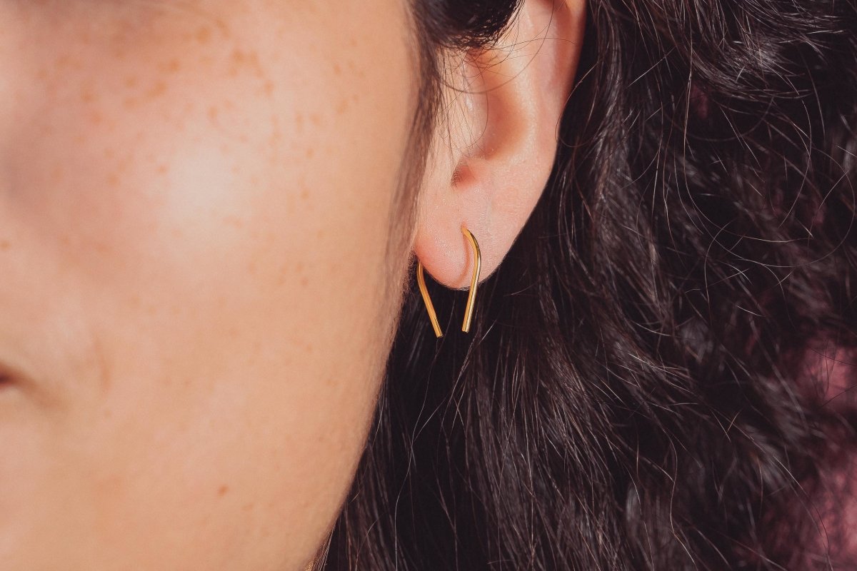 Tiny Horseshoe Pull Through Hoop Earrings - Melanie Golden Jewelry - _badge_bestseller, bestseller, earrings, everyday essentials, hoop earrings, hoops, threader, threader earrings, threaders