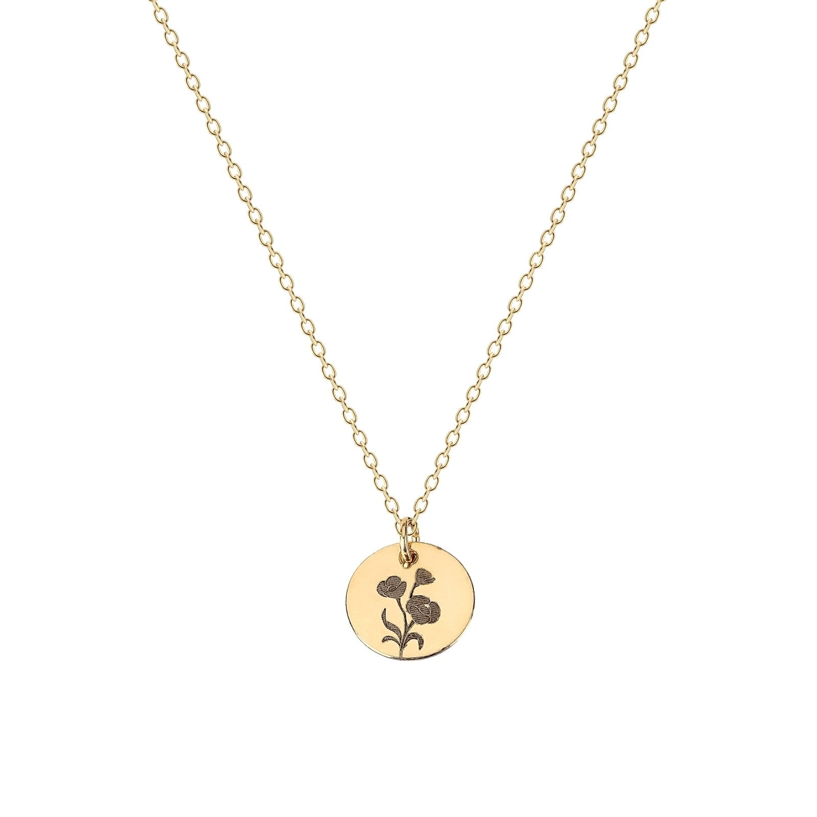 Wildflowers Disc Necklace - Melanie Golden Jewelry - disc necklaces, Engraved Jewelry, flora, minimal minimal necklace, minimal necklace, necklace, necklaces, VALENTINES