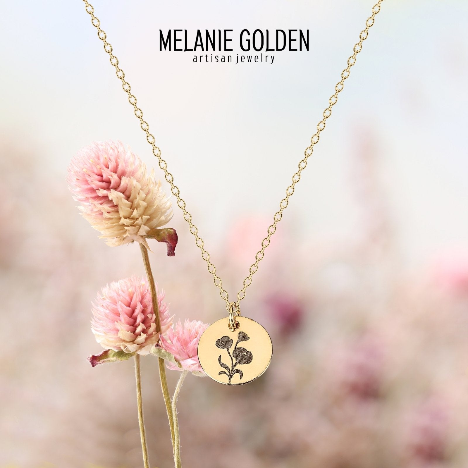 Wildflowers Disc Necklace - Melanie Golden Jewelry - disc necklaces, Engraved Jewelry, flora, minimal minimal necklace, minimal necklace, necklace, necklaces, VALENTINES