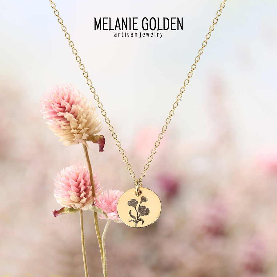 Wildflowers Disc Necklace - Melanie Golden Jewelry - disc necklaces, Engraved Jewelry, flora, minimal minimal necklace, minimal necklace, necklace, necklaces, VALENTINES