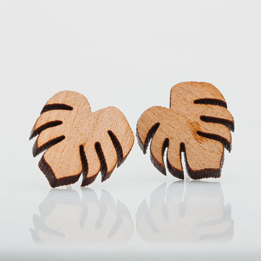 Wood Monstera Leaf Earrings - Melanie Golden Jewelry